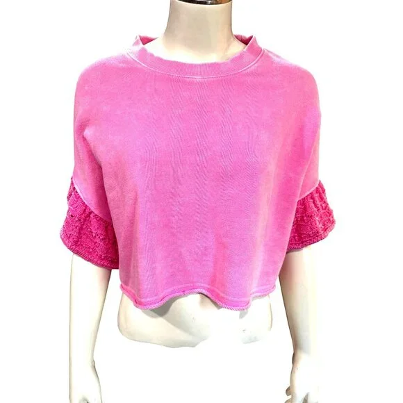Altard State Medium Pink Cropped Sweatshirt Crochet Puff Sleeve Boho Top Girly - Picture 1 of 9